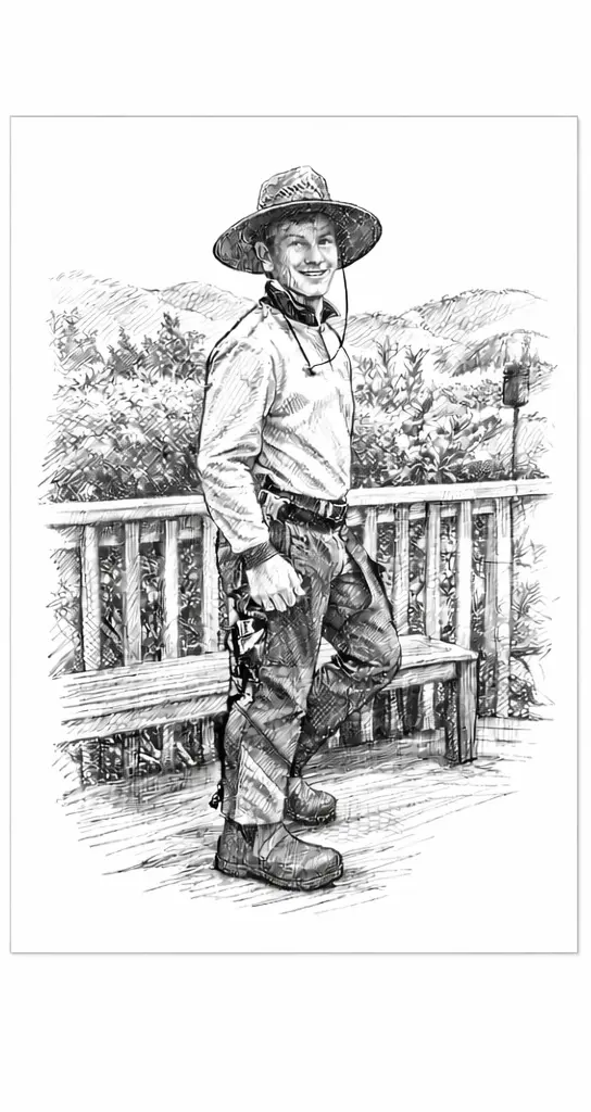 Pencil sketch of Johnny Batten in a wide-brimmed hat, standing on a deck with hills behind
